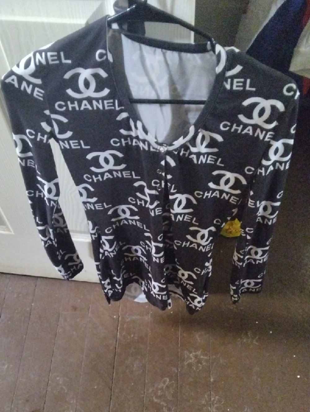 CHANEL Black and White Logo Bodysuit Top